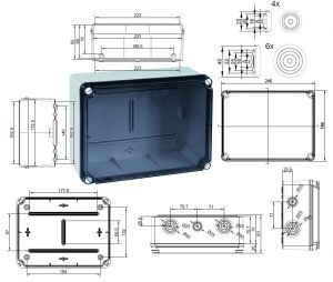 EVT231 Kunststoffgehäuse 241x180x95mm LBH mit Tüllen und transparentem Deckel IP65-IP67