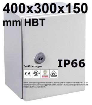 IP66 Schaltschrank 400x300x150 mm HBT VDE UL zertifiziert Stahlblech 1-türig