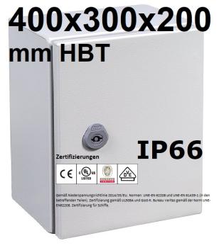 IP66 Schaltschrank 400x300x200 mm HBT VDE UL zertifiziert Stahlblech 1-türig