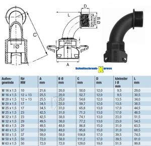 Wellrohr Verschraubung M40 auf NW29 metrisch Bogen Winkel 90°