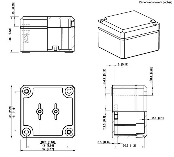 IP66 ABS-Kunststoff Leergehäuse glatt OT grau  55x53x36mm