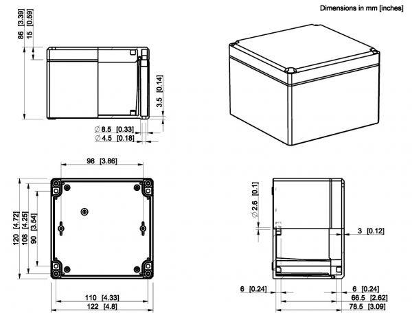 IP66 ABS Klemmenkasten 122x120x86mm glatt mit transparentem Deckel