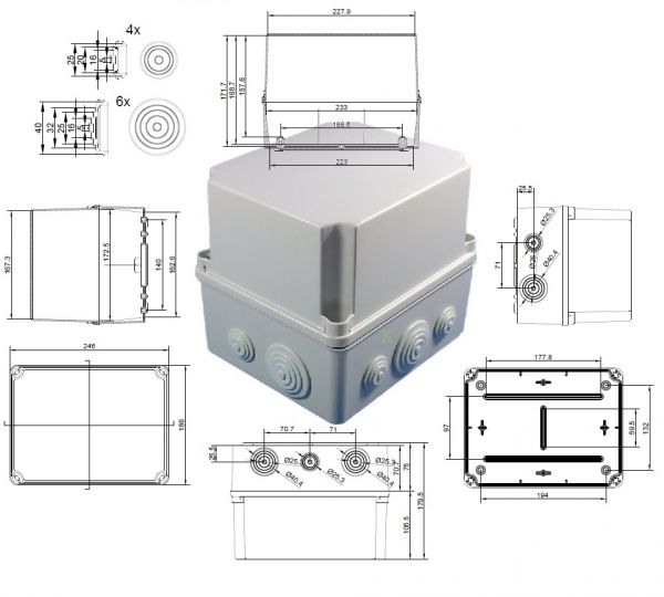 GSV231 Kunststoffgehäuse mit Tüllen 241x180x175mm LBH grau Klemmenkasten IP65-IP67