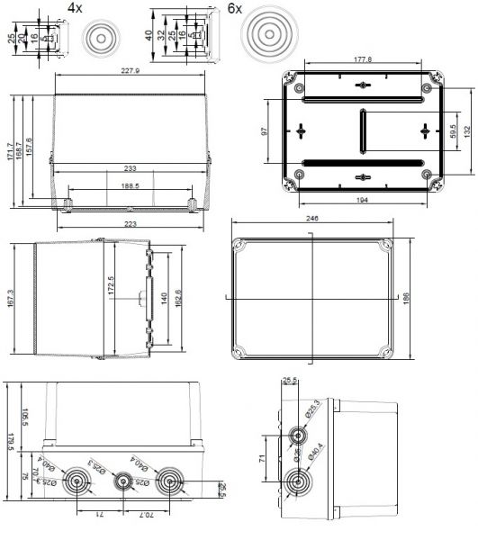 GSVT231 Kunststoffgehäuse mit Tüllen 241x180x175mm LBH grau mit transparentem Deckel IP65-IP67