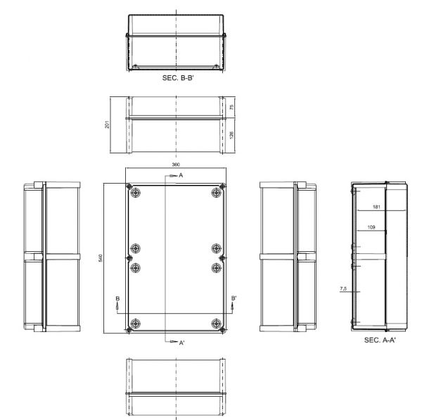 ISO GFK Kunststoff Industriegehäuse 540x360x201 mm LBH - Deckel grau - Polyestergehäuse Grau UV-Stabil