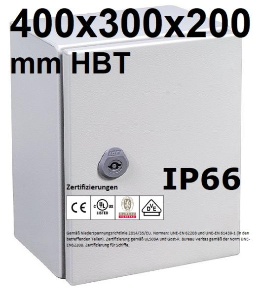 IP66 switch cabinet 400x300x200 mm HBT VDE UL certified sheet steel 1-door