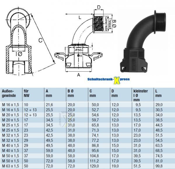 Corrugated pipe fitting M25 to NW17 metric elbow 90°
