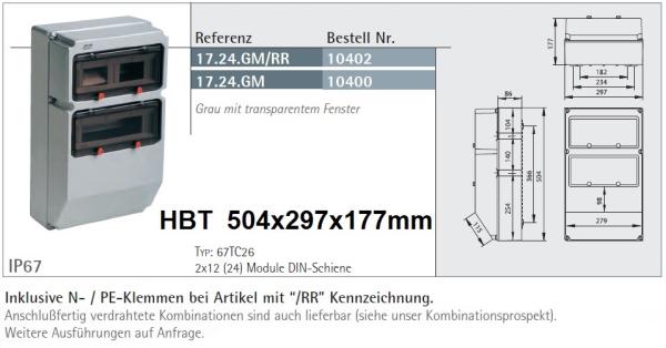 Steckdosen Wandverteiler 26TE Leer IP67 ( 2x 13TE ) mit Tragsschiene und N/PE-Klemme